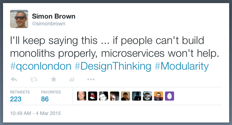 Image of a tweet from Simon Brown about moliliths and microservices